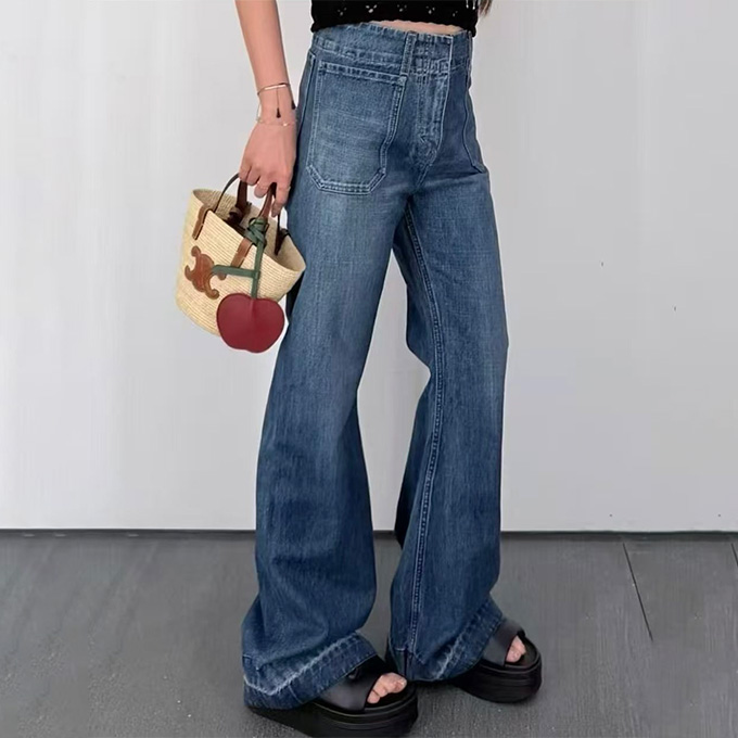 celine back pocket blue triomphe embroidery white flared jeans